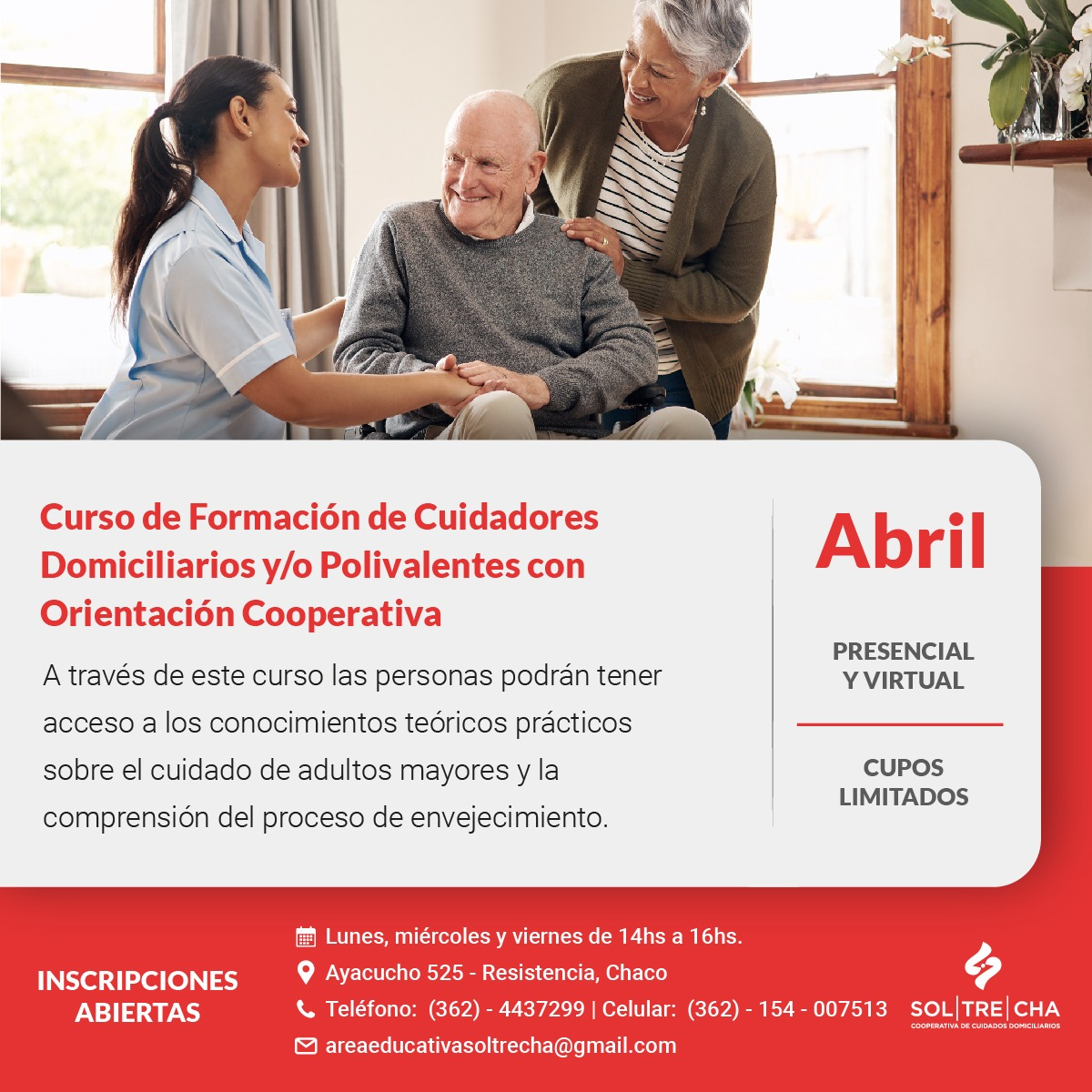 Curso de Formación de Cuidadores Domiciliarios de Adultos mayores y/o Polivalentes con orientación cooperativa -Cooperativa de Trabajo Sol.Tre.Cha. Ltda. -Edición 2023-