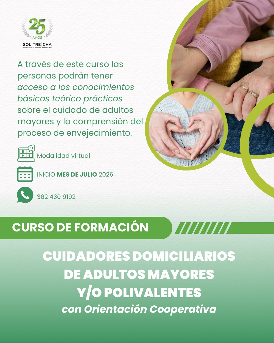 Curso de Formación de Cuidadores Domiciliarios de Adultos mayores y/o Polivalentes con orientación cooperativa -Cooperativa de Trabajo Sol.Tre.Cha. Ltda. -Edición 2026-